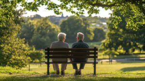 Un couple de personnes âgées, assis sur un banc de parc, pour briser la solitude.