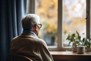 Homme âgé assis seul devant une fenêtre, le regard tourné vers l’extérieur, évoquant l’anxiété et l’isolement.