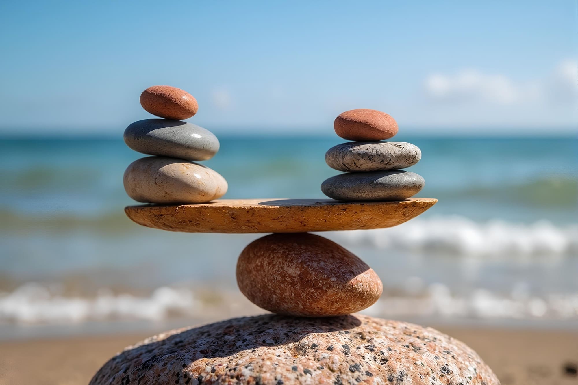 Pierres empilées en équilibre face à la mer, symbolisant l’équilibre, l’harmonie et le mieux-être.