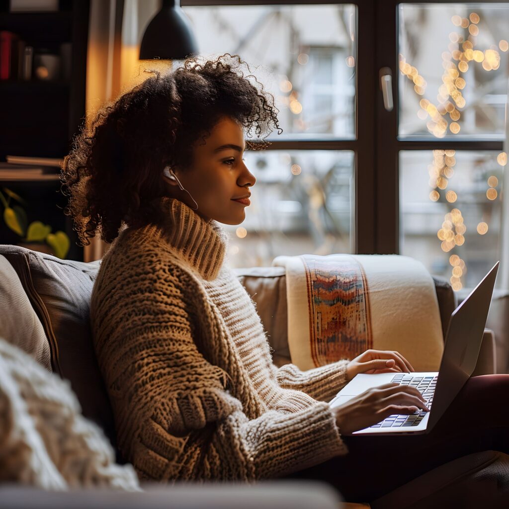 Femme suivant une séance de thérapie en ligne sur ordinateur portable depuis son domicile