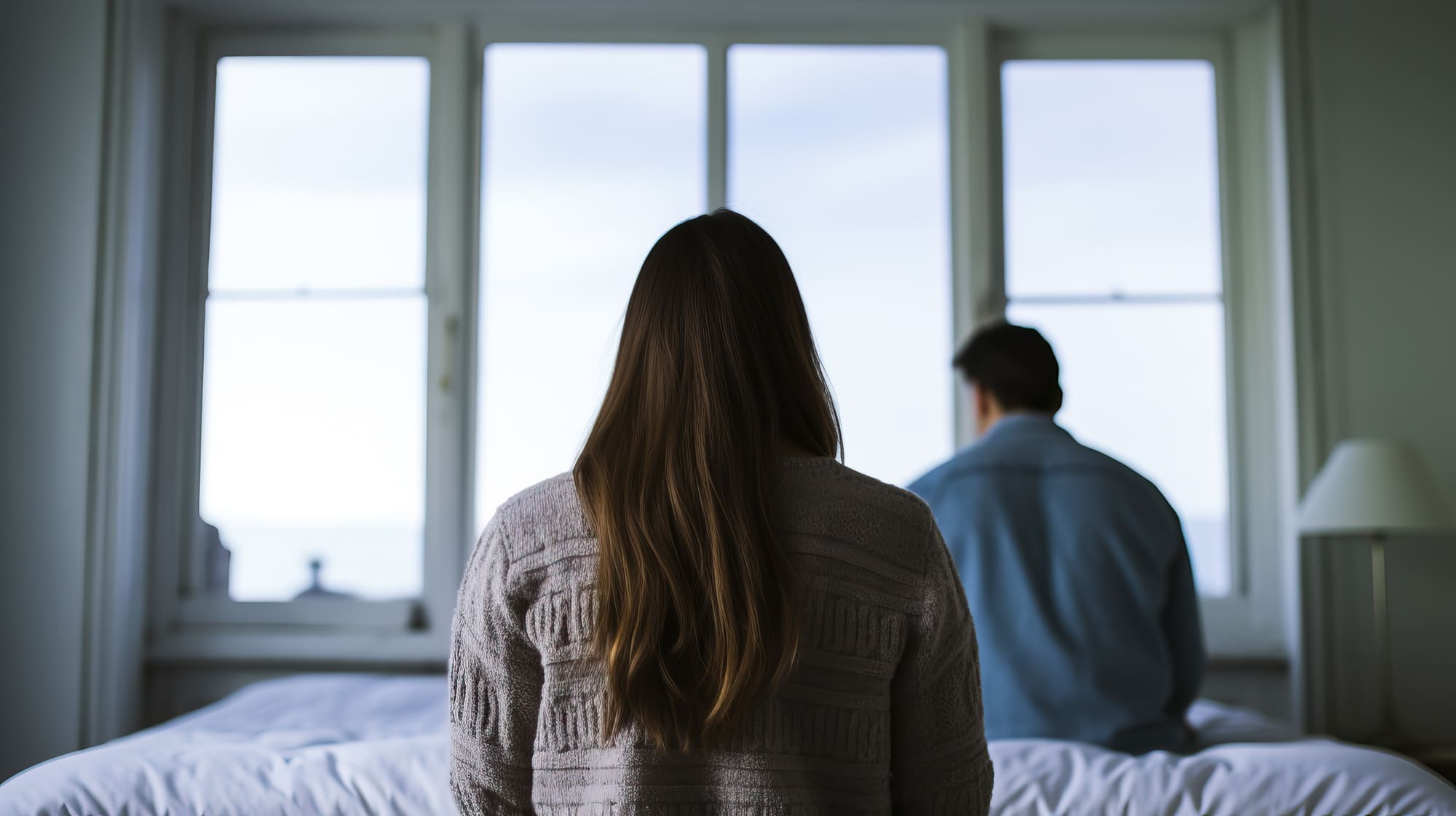 Couple assis à distance dans une chambre illustrant des difficultés de communication dans la relation