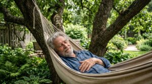 Homme âgé se reposant dans un hamac au cœur d’un jardin verdoyant, évoquant le repos et le ralentissement.